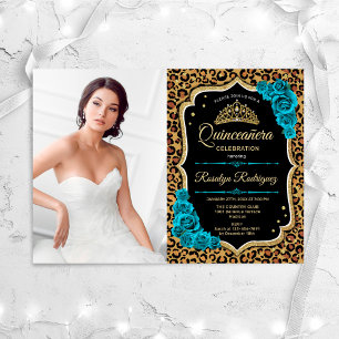 Invitación Fiesta Quinceanera con foto - Leopard Print Verde 