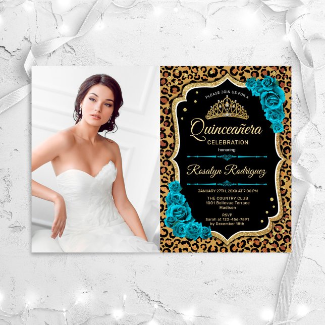 Invitación Fiesta Quinceanera con foto - Leopard Print Verde  (Subido por el creador)