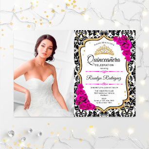 Invitación Fiesta Quinceanera con foto - Negro Oro Rosa