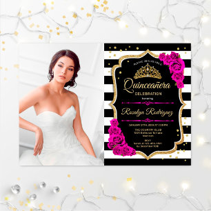 Invitación Fiesta Quinceanera con foto - Negro Oro Rosa