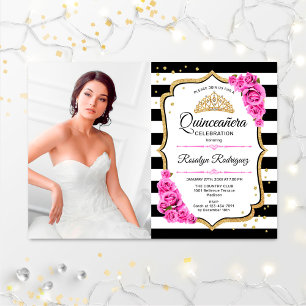 Invitación Fiesta Quinceanera con foto - Negro Oro Rosa