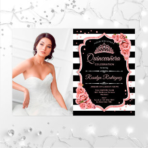 Invitación Fiesta Quinceanera con foto - Negro oro Rosa