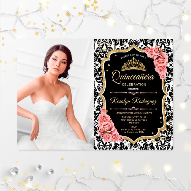 Invitación Fiesta Quinceanera con foto - Negro Oro Rosa (Subido por el creador)