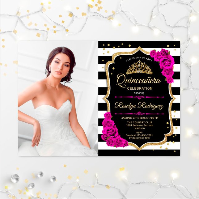 Invitación Fiesta Quinceanera con foto - Negro Oro Rosa (Subido por el creador)