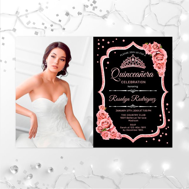 Invitación Fiesta Quinceanera con foto - Negro oro Rosa (Subido por el creador)