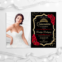 Invitación Fiesta Quinceanera con foto - Oro Rojo Negro