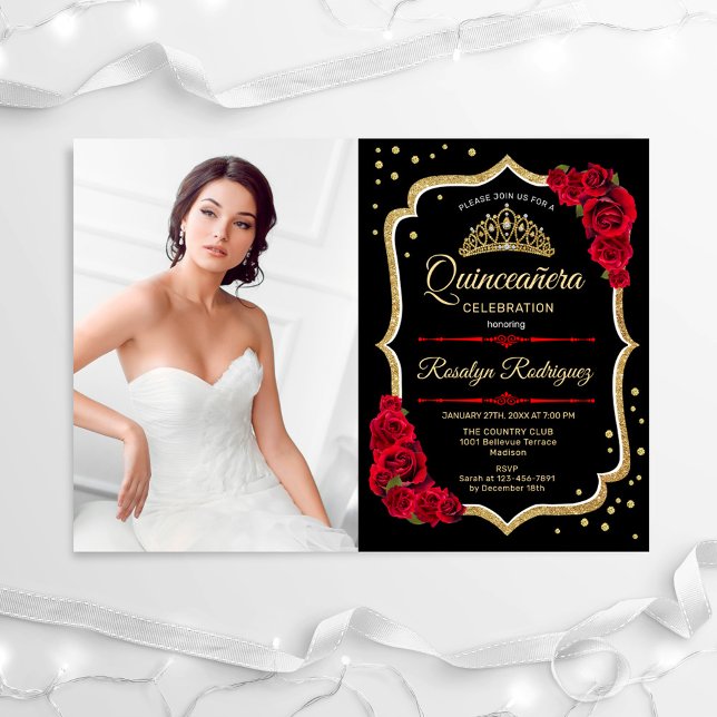 Invitación Fiesta Quinceanera con foto - Oro Rojo Negro (Subido por el creador)