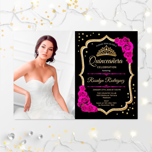 Invitación Fiesta Quinceanera con foto - Oro rosado negro (Subido por el creador)