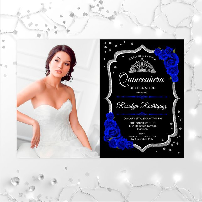 Invitación Fiesta Quinceanera con foto - Plata Azul Real (Subido por el creador)