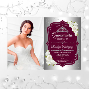 Invitación Fiesta Quinceanera con foto - Plata Borgoña