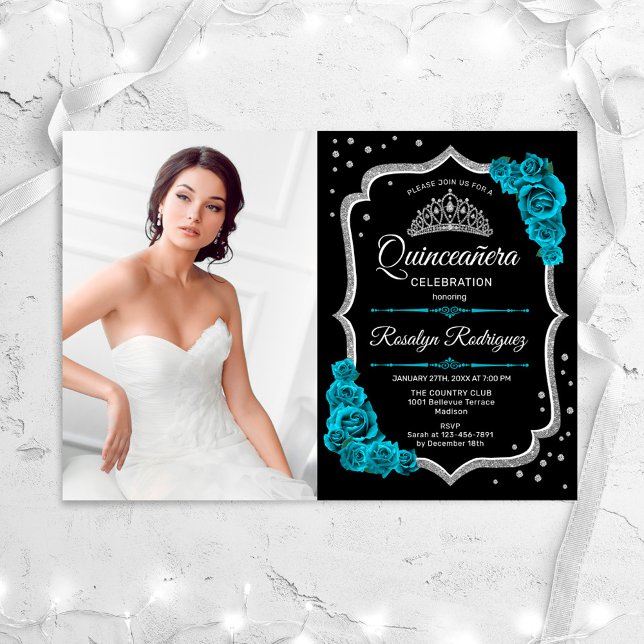 Invitación Fiesta Quinceanera con foto - Plata negra Verde az (Subido por el creador)