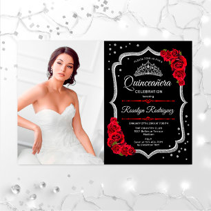 Invitación Fiesta Quinceanera con foto - Plata roja negra