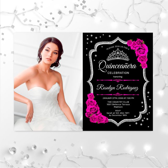 Invitación Fiesta Quinceanera con foto - Plata Rosa Negra (Subido por el creador)