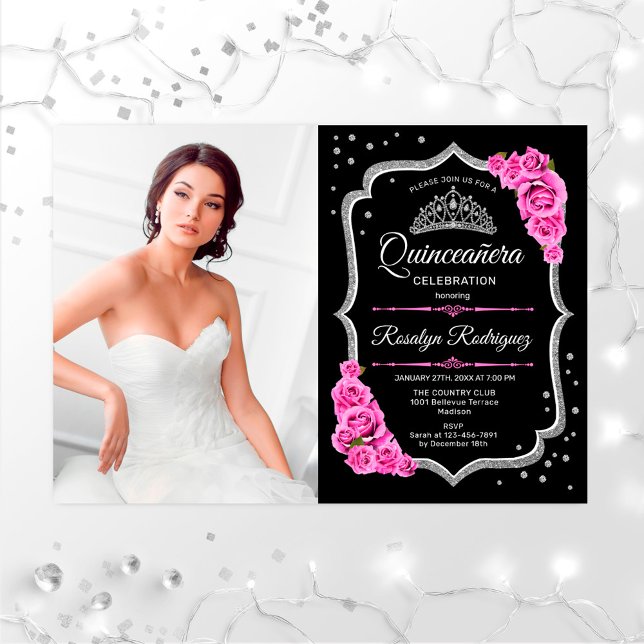 Invitación Fiesta Quinceanera con foto - Plata Rosa Negra (Subido por el creador)
