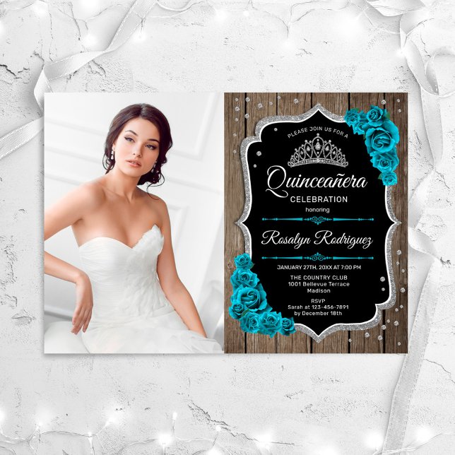 Invitación Fiesta Quinceanera con foto - Plata Verde azulada  (Subido por el creador)