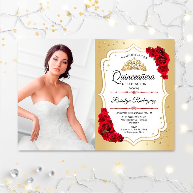 Invitación Fiesta Quinceanera con foto - Rojo blanco dorado (Subido por el creador)
