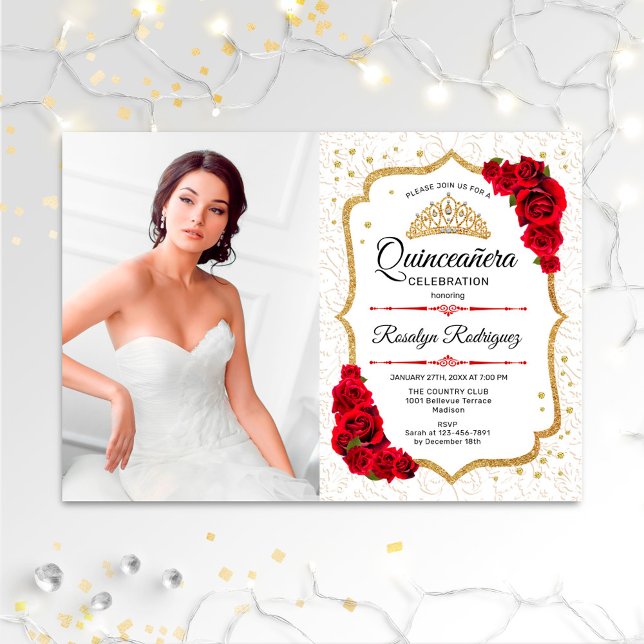 Invitación Fiesta Quinceanera con foto - Rojo de oro blanco (Subido por el creador)
