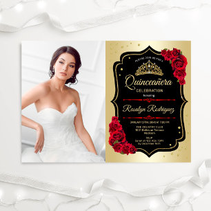 Invitación Fiesta Quinceanera con foto - Rojo dorado