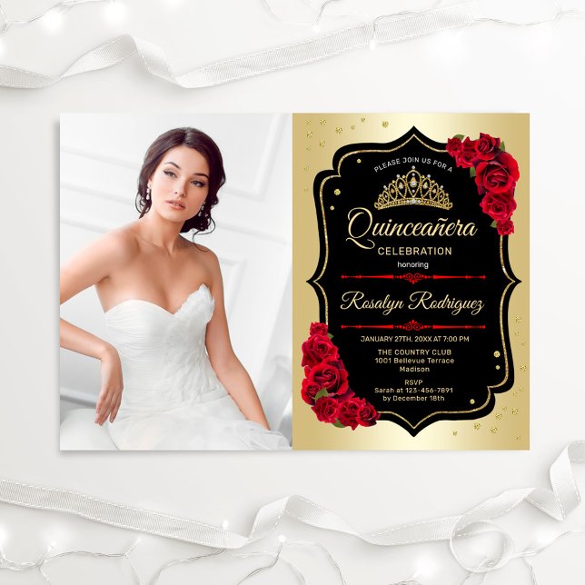 Invitación Fiesta Quinceanera con foto - Rojo dorado (Subido por el creador)
