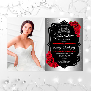 Invitación Fiesta Quinceanera con foto - Rojo negro plateado