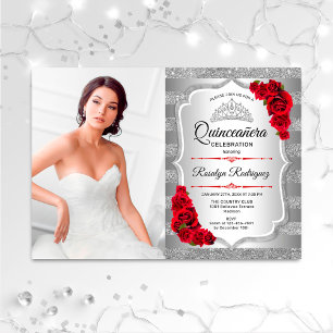 Invitación Fiesta Quinceanera con foto - Rojo plateado