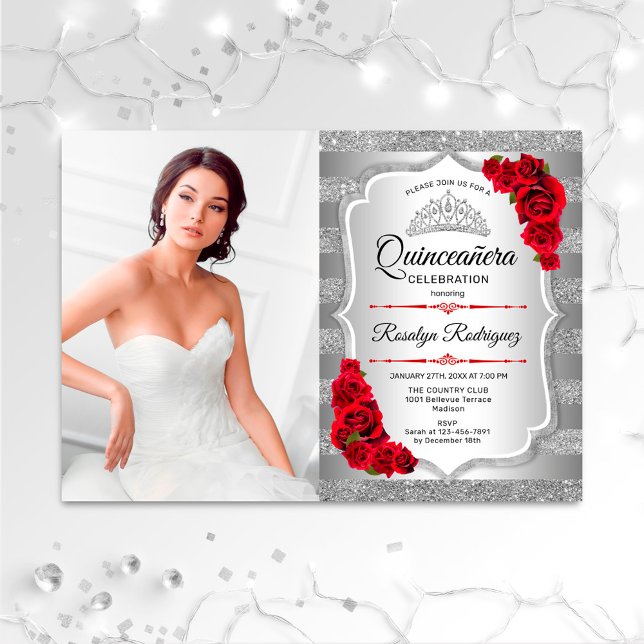 Invitación Fiesta Quinceanera con foto - Rojo plateado (Subido por el creador)