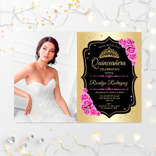 Invitación Fiesta Quinceanera con foto - Rosa Negro dorado