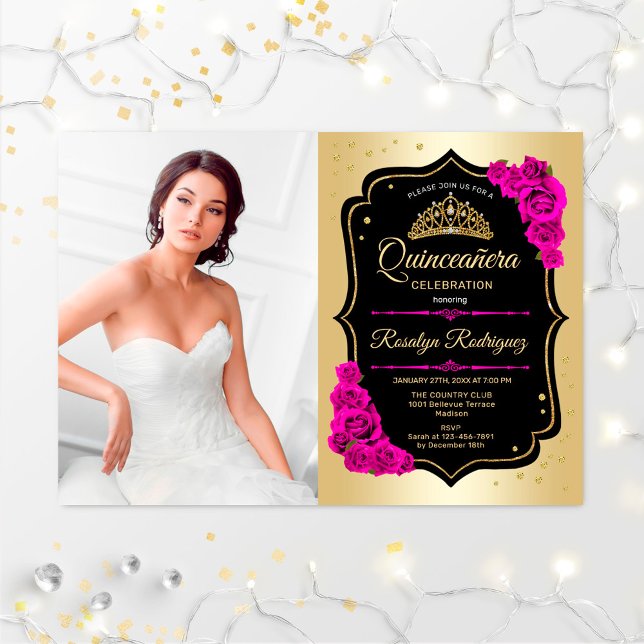 Invitación Fiesta Quinceanera con foto - Rosa Negro dorado (Subido por el creador)