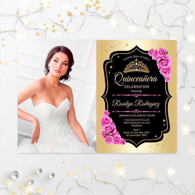 Invitación Fiesta Quinceanera con foto - Rosa Negro dorado (Subido por el creador)