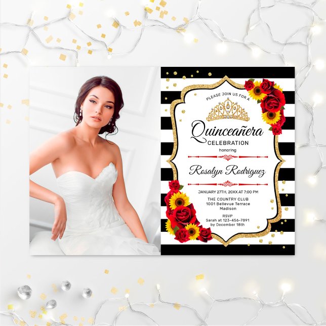Invitación Fiesta Quinceanera con foto - Rosas girasoles (Subido por el creador)