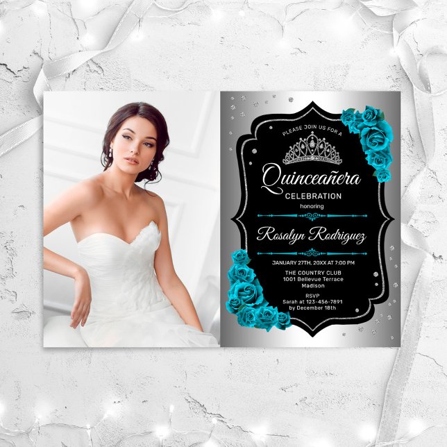 Invitación Fiesta Quinceanera con foto - Verde azulado negro  (Subido por el creador)