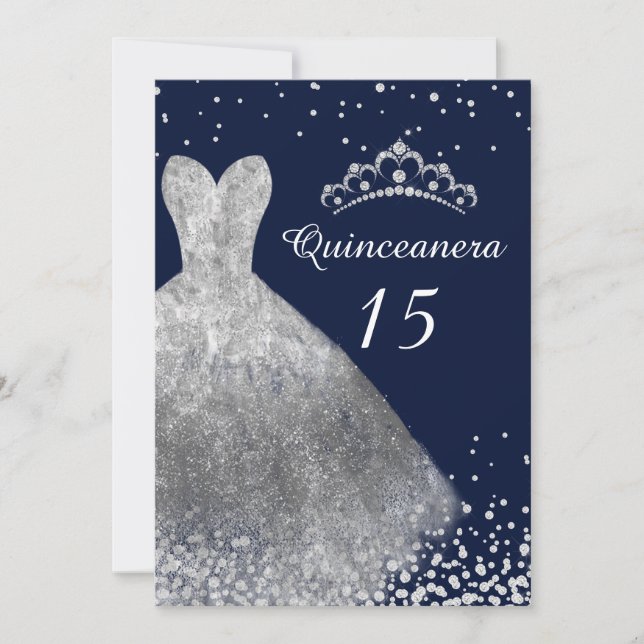 Invitación Fiesta Quinceanera con vestido de plata (Anverso)