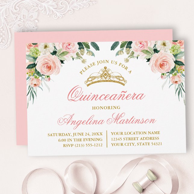 Invitación Fiesta Quinceanera de color Blanco Rosa (Customize to change text color, style, add text & photos to back or change color of back of card.)