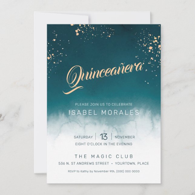 Invitación Fiesta Quinceanera de color de agua verde azulada (Anverso)