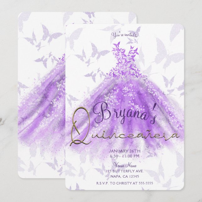 Invitación Fiesta Quinceañera de danza de mariposa morada (Anverso / Reverso)