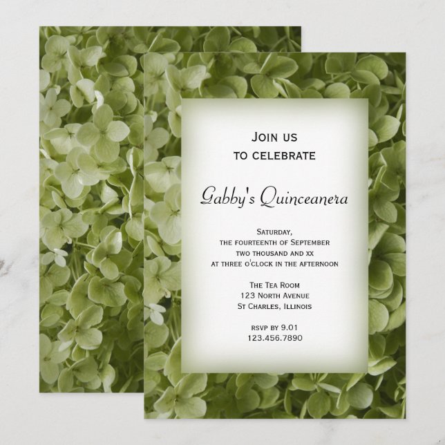Invitación Fiesta Quinceanera de flor verde hidrangea (Anverso / Reverso)