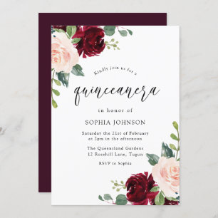 Invitación Fiesta Quinceanera de floral roja rosa de borgoña 