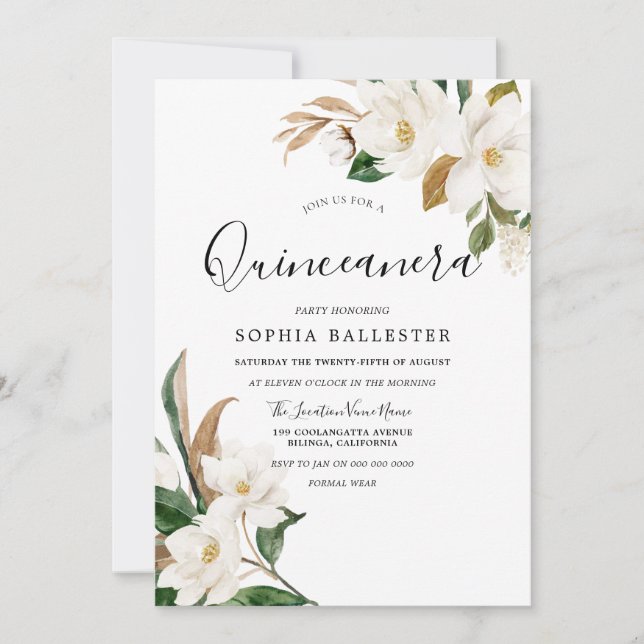 Invitación Fiesta Quinceanera de flores blancas elegantes (Anverso)