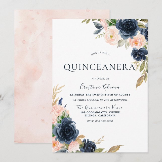Invitación Fiesta Quinceanera de Flores Rubor & Navy Peach (Anverso / Reverso)