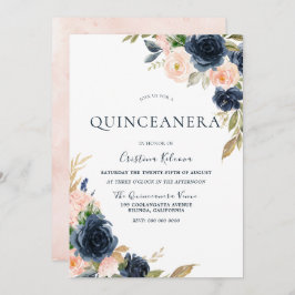 Invitación Fiesta Quinceanera de Flores Rubor & Navy Peach