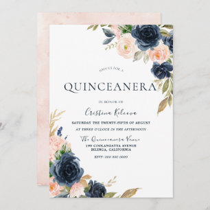 Invitación Fiesta Quinceanera de Flores Rubor & Navy Peach