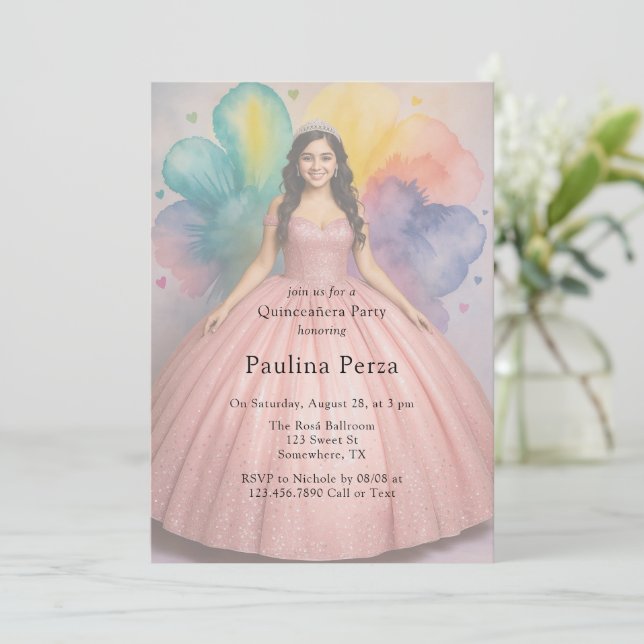 Invitación Fiesta Quinceañera de foto de traje de bola rosa (Anverso de pie)