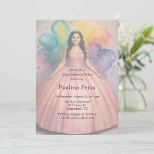 Invitación Fiesta Quinceañera de foto de traje de bola rosa