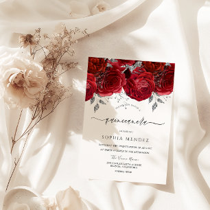 Invitación Fiesta Quinceanera de hojas de plata de rosas roja
