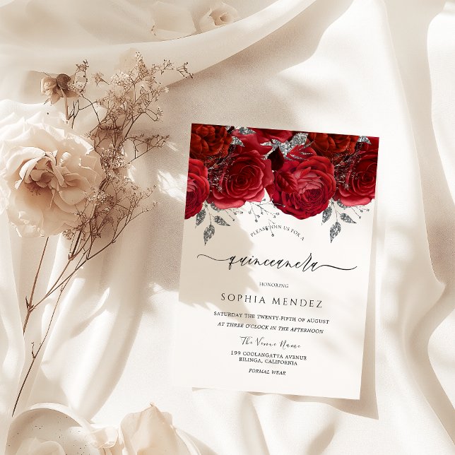 Invitación Fiesta Quinceanera de hojas de plata de rosas roja (Subido por el creador)