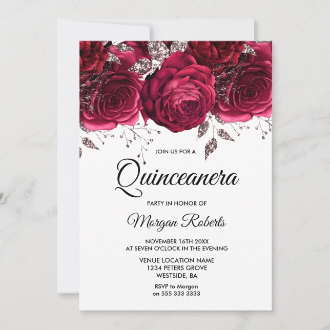 Invitación Fiesta Quinceanera de la floral de la rosa roja de (Anverso)