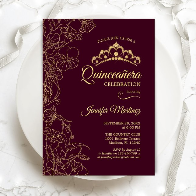 Invitación Fiesta Quinceanera de la floral de oro de Borgoña (Subido por el creador)