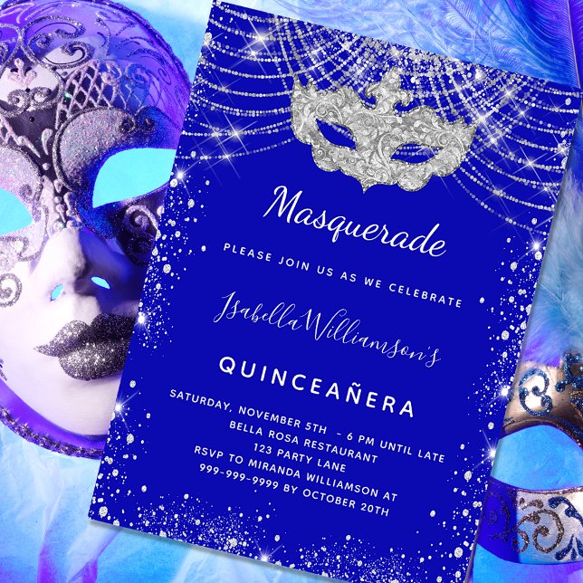 Invitación Fiesta Quinceanera de la Mascarada de plata azul r (Subido por el creador)