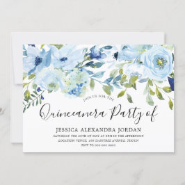 Invitación Fiesta Quinceanera de las flores de color azul cie
