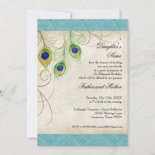Invitación Fiesta Quinceanera de las plumas de pavo real Aqua
